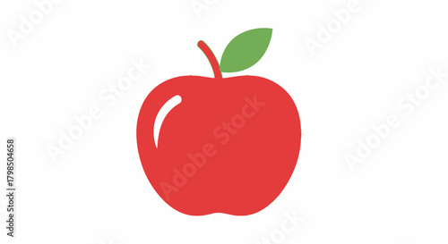 Illustration of a vibrant red apple with a fresh green leaf against a clean white background
