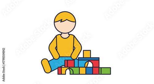 Illustration of a child playing with colorful building blocks on a white background