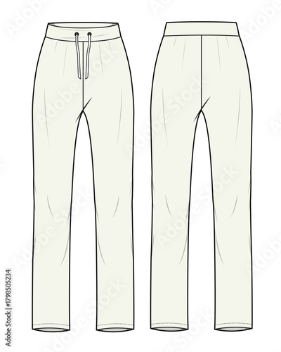 Female trousers front and back view vector mockup template technical flat design.