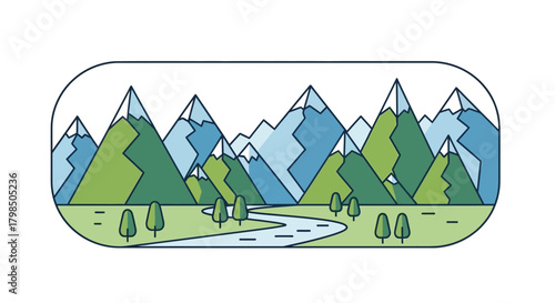 Minimalist mountain landscape illustration featuring green hills and blue peaks in soft hues