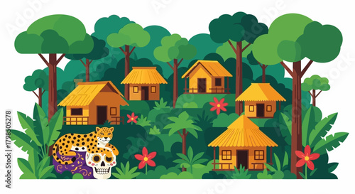 Illustrated jungle landscape with rustic houses a jaguar and a skull representing indigenous