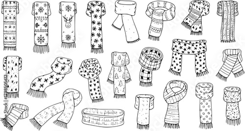 Hand-Drawn Collection of Diverse Winter Scarves: Assorted Styles, Patterns, and Folds - Cozy Fashion Accessories Sketch Vector Illustration