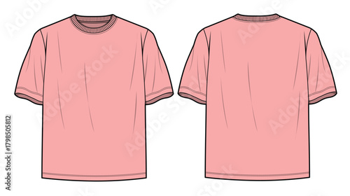 Oversized t-shirts front and back view design technical flat sketch vector mockup template.