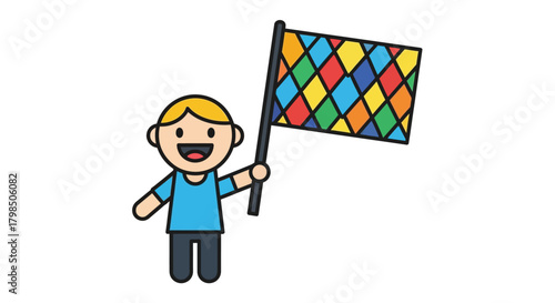 Cartoon character joyfully waving a vibrant harlequin pattern flag on white background