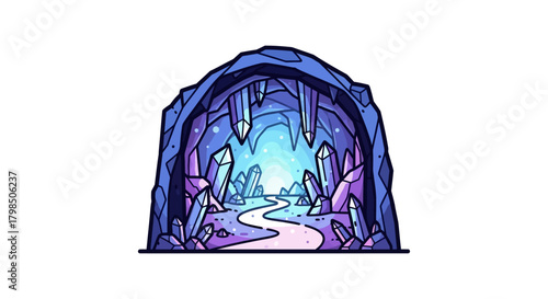 Enigmatic crystal cave entrance with winding path and glowing light source in back