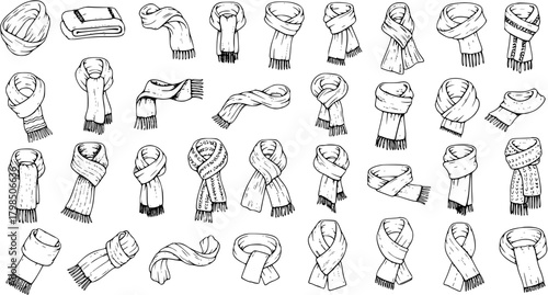 Hand-drawn doodle set of various scarf tying styles and folds. Collection of fashion neck accessories and winter wear in sketch style on white background.