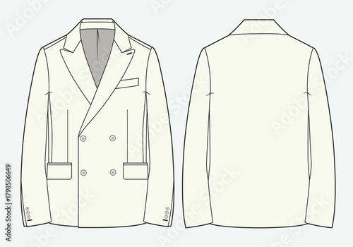 Men's double breasted blazer front and back view technical flat drawing vector mockup template.