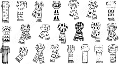 Hand-Drawn Collection of Festive Christmas Scarves with Winter Motifs
