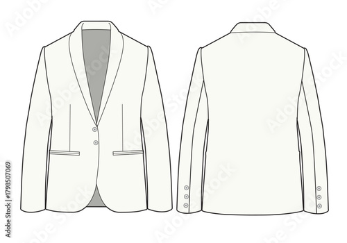 Male shawl collar blazer front and back view vector design mockup template.