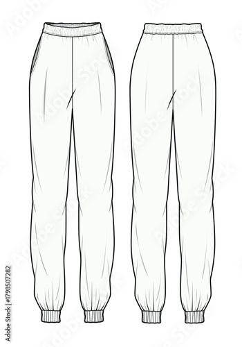 Women's joggers front and back view technical flat drawing vector mockup illustration.