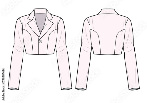 Ladies cropped blazer front and back view flat sketch vector mockup template technical illustration.
