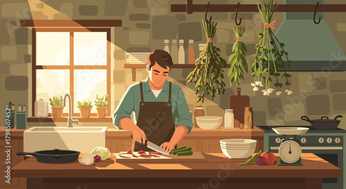 Preparing a delicious meal at home in a brightly lit and inviting kitchen