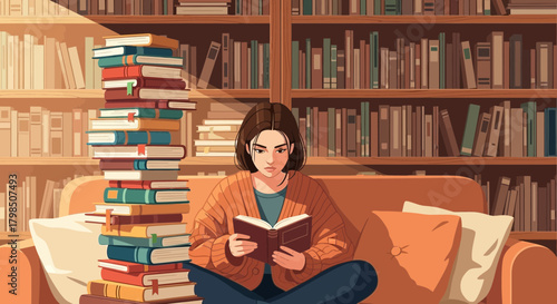 A tranquil moment: Reading woman surrounded by books in a warm, cozy library