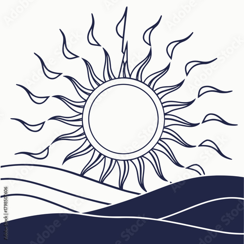 Stylized sun with rays over wavy landscape in navy blue solar heat
