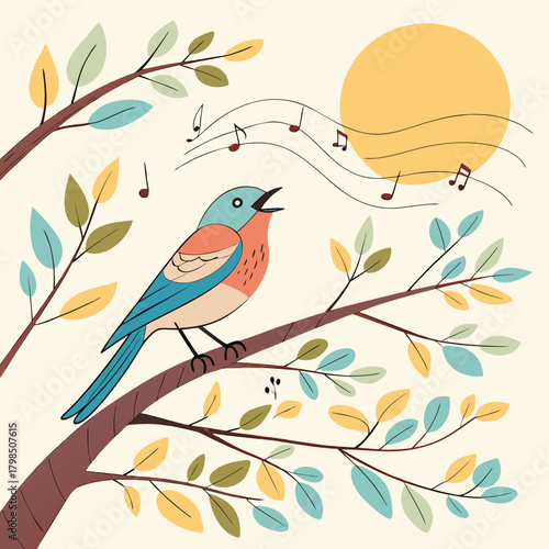 Colorful bird singing on a branch with sun and music notes song