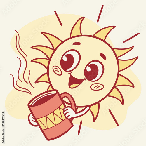 Cheerful Cartoon Sun Character with Coffee Mug happy