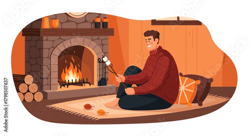 Cozy evening: Man roasting marshmallows by the fireplace in a warm room