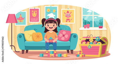 A Child's Playroom: Illustration of a Girl Playing with Toys in a Colorful Room