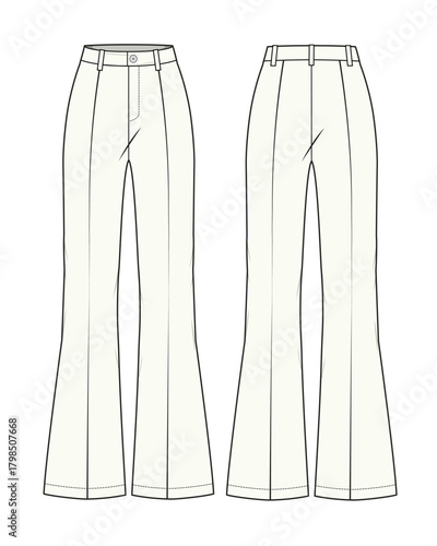 Women's flared pants front and back view vector design mockup template.