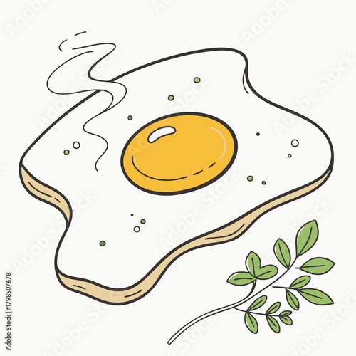 Fried Egg with Green Sprig and Steam on White Background breakfast food