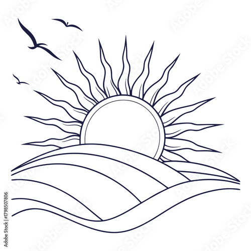 Dark Blue Outline of Sun Rising Over Wavy Landscape with Birds sunrise sun rays