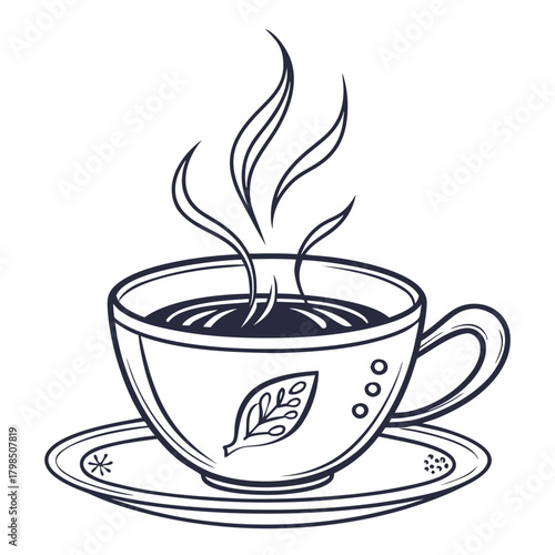 Hand-drawn sketch of a steaming cup of tea on a saucer hot drink