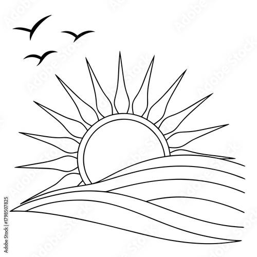 Outline Drawing of Sun Rising Over Wavy Landscape with Birds sunrise sun rays