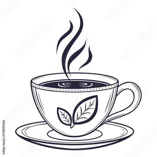 Hand-drawn outline of a tea cup and saucer with steaming beverage hot drink
