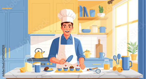 Cheerful male chef in a bright kitchen decorating cupcakes for a baking show