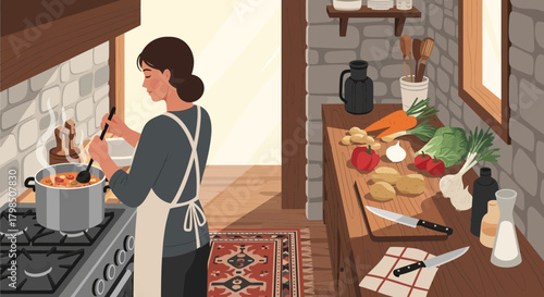 A woman cooks in a rustic kitchen filled with fresh ingredients, creating a cozy atmosphere