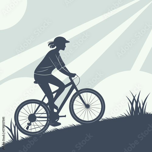 Silhouette of Woman Cycling on a Grassy Hill Under Sun Rays bicycle bike