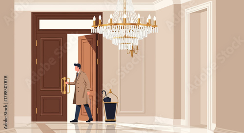 Arrival at Grand Entrance: Illustration of a Man Entering an Elegant Foyer