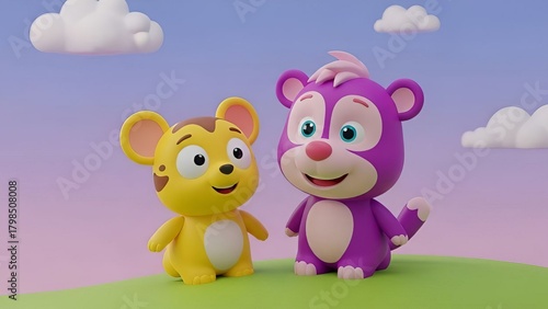 “Cute 3D Cartoon Animal Characters in Colorful Landscape – Adorable Kids Illustration with Yellow and Purple Creatures”