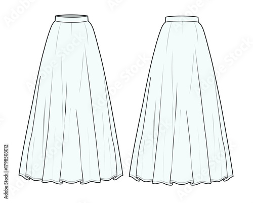 Maxi skirt front and back view vector template technical design by adobe illustrator.