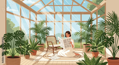 Serene indoor botanical space: A woman reading among plants in a sunlit glasshouse