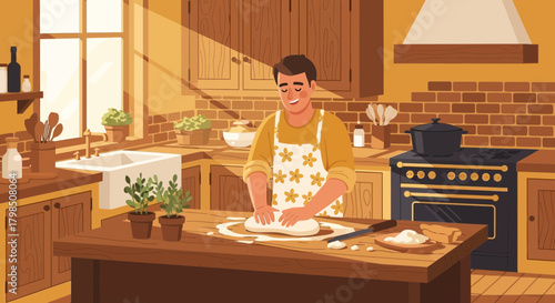 Illustration of a baker kneading dough in a warmly lit vintage kitchen