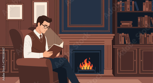Man engrossed in book by the fireside, embodying comfort and intellectual pursuit