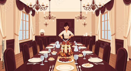 Elegant Thanksgiving Dinner Scene with Turkey Carving and Festive Decoration