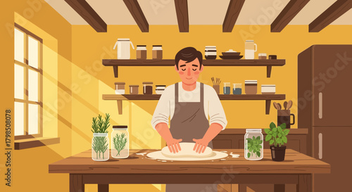 Illustration of a man preparing dough in a warm kitchen, filled with natural light