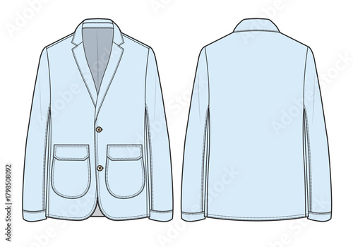 Denim blazer front and back view flat drawing vector design mockup template.