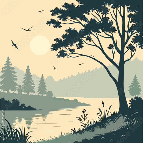 Tranquil Lakeside Landscape with Large Tree Silhouette at Sunrise Keywords: lake, river, water