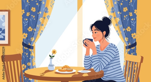 Morning serenity: A woman enjoys coffee and pastries in a sunlit room
