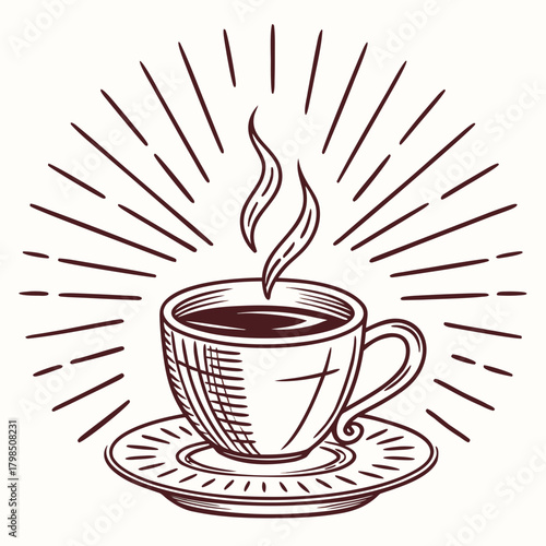 Hand-drawn sketch of a steaming coffee cup on a saucer with radiating lines hot drink