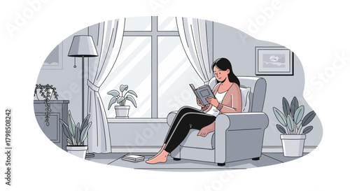 A woman immerses herself in reading a book while relaxing in her cozy living room