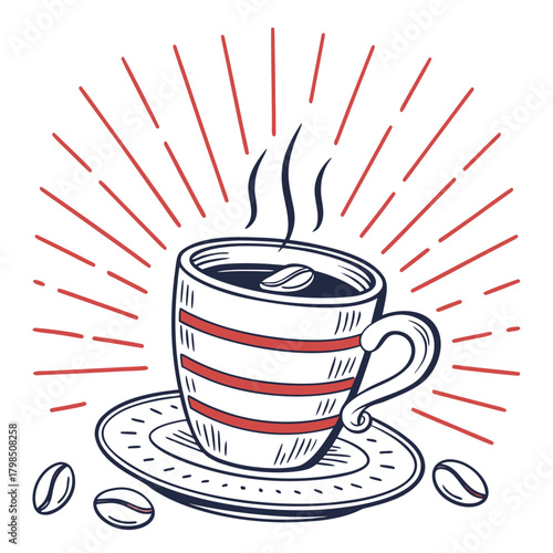 Hand-drawn illustration of a steaming coffee cup with radiating lines and beans hot drink