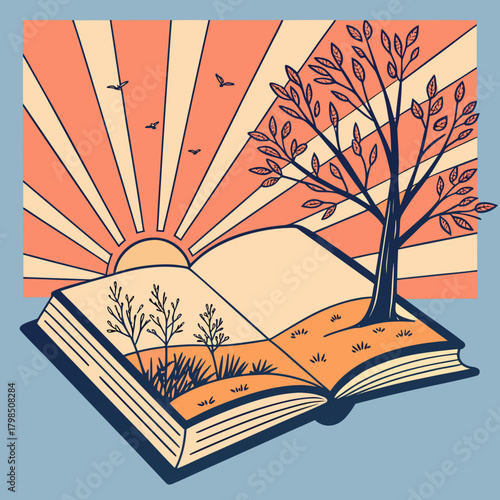 Open book with tree and sunrise landscape illustration vector