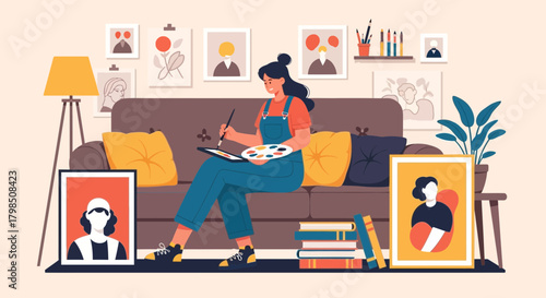 Creative expression: Woman immersed in painting in her artistic living room