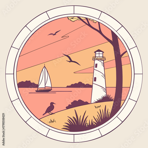 Circular Scene of Lighthouse, Sailboat, and Seagulls at Sunset ocean water
