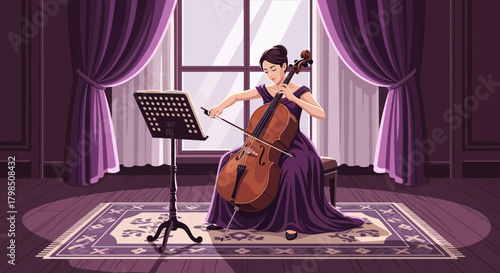 Illustrative portrayal of a cellist in an elegant room with purple accents