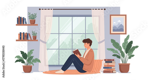 A serene scene: a man engrossed in reading by the window, surrounded by plants